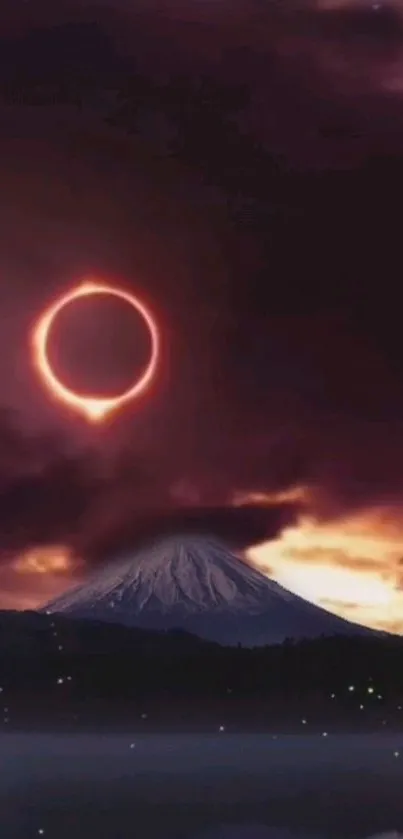 A glowing eclipse over a serene mountain landscape with a dark purple sky.