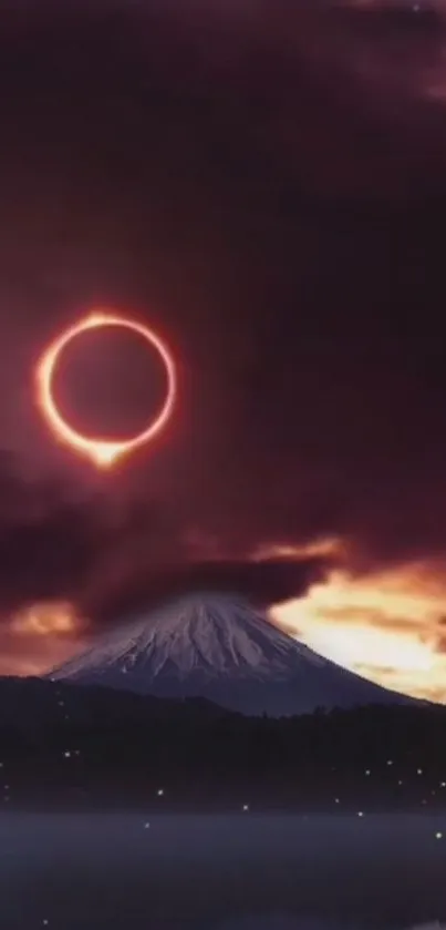 A dramatic solar eclipse over a mountain with a vibrant, dark sky.