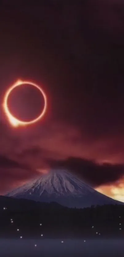 Dark sienna sky with eclipse over mountain.