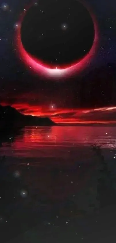 Eclipse casting red light over river with dark and cosmic tones.