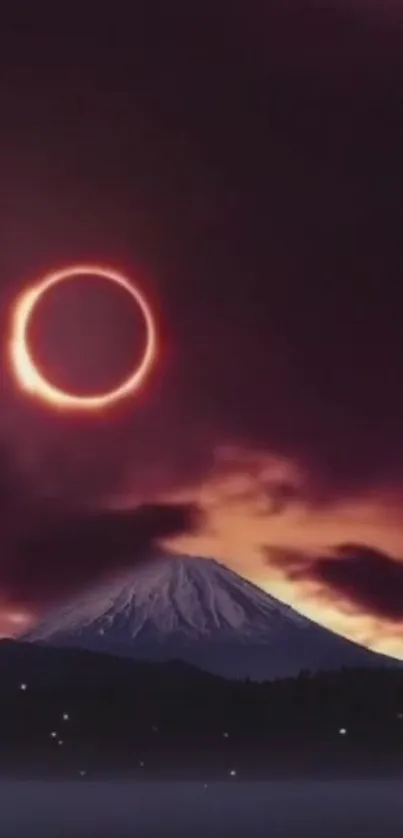 Solar eclipse over mountain with purple sky.