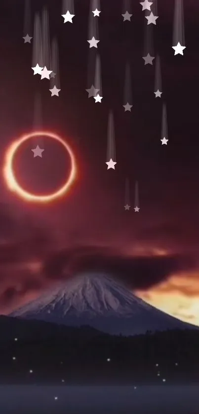 Solar eclipse with stars over mountain landscape in night sky.