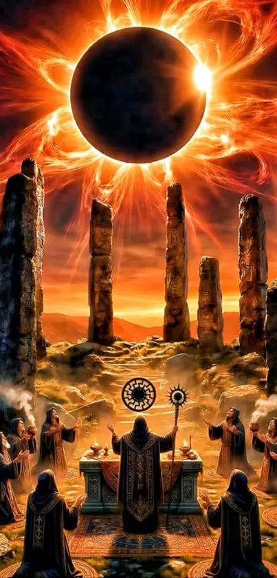 Fantasy scene with eclipse and ritual at stone circle.