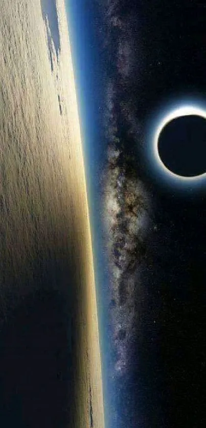 Mobile wallpaper of an eclipse with a galaxy view from space.