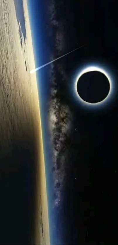 Solar eclipse view from space with Earth's shadow.