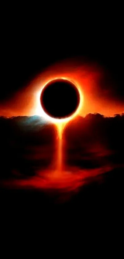 Dark eclipse with a vibrant, fiery red glow and black background.