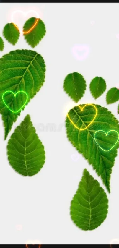Green leaves arranged as footprints on a white background.