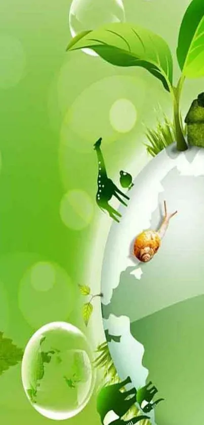 Green eco-themed wallpaper with leaves and planet imagery.