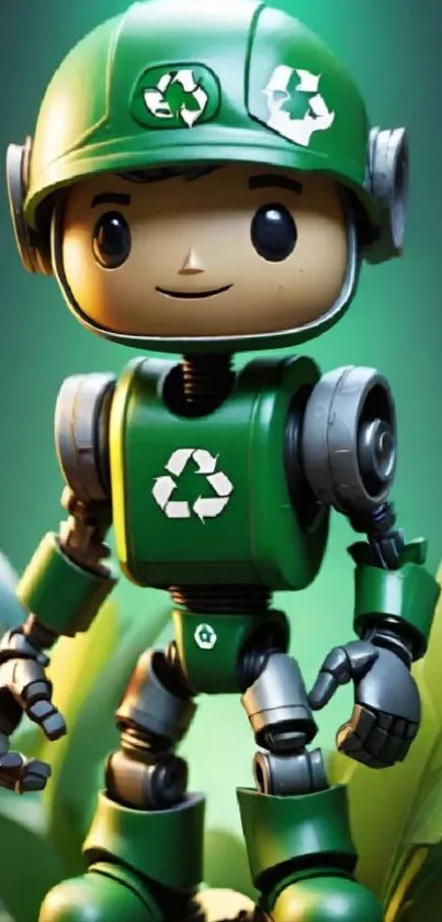 Eco-friendly robot with a recycling symbol amidst greenery.