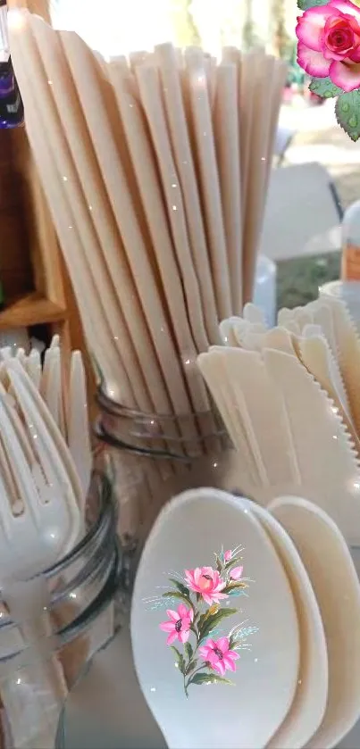 Beige sustainable utensils with floral accents.