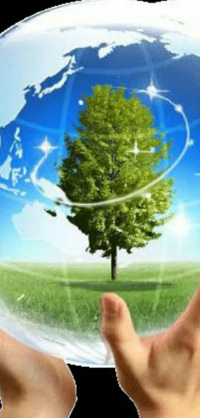 Hands holding a globe with a tree inside, symbolizing eco protection.