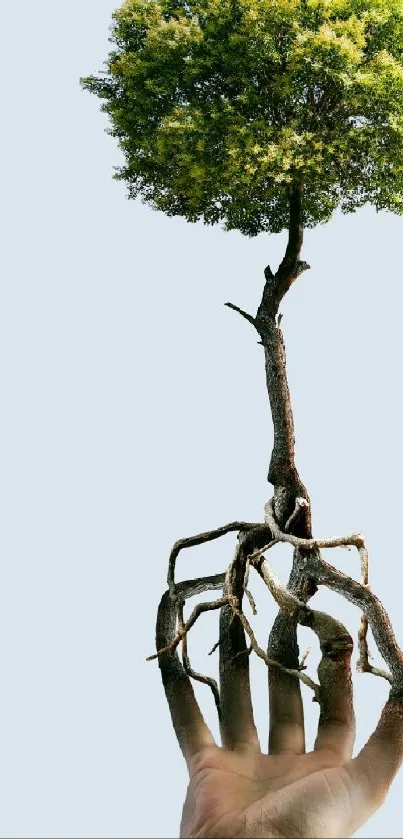 Tree growing from a hand against a light blue background.