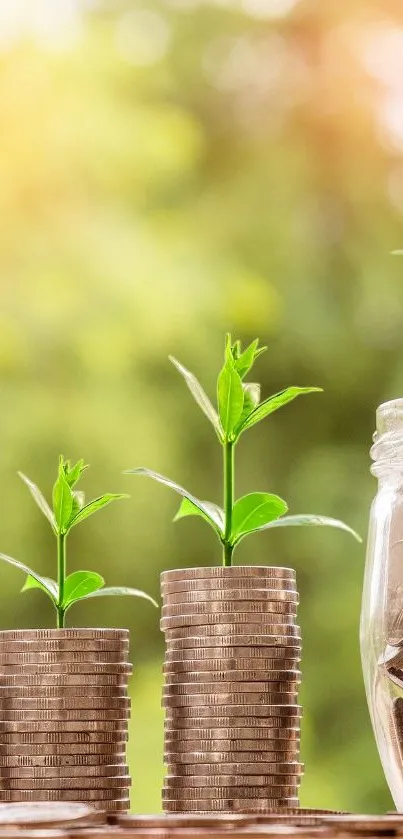 Stacks of coins with green plants sprouting and jars filled with money.