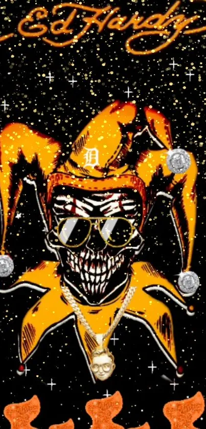 Orange jester skull with sunglasses on a starry background, Ed Hardy design.