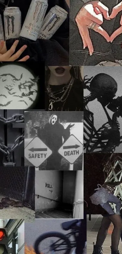 Edgy collage with dark, gothic aesthetic elements and symbolic imagery.