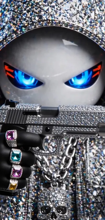 Edgy animated character with gems and gun.