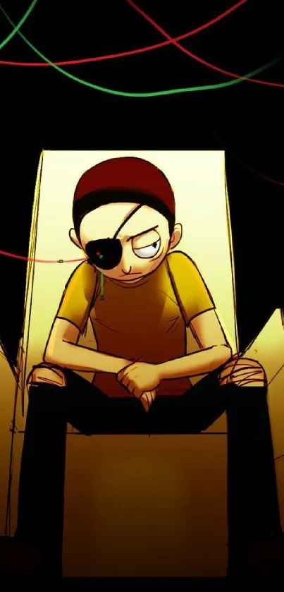 Edgy animated character on a chair with a dark background.