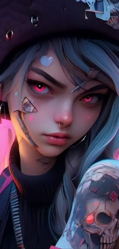 Edgy anime character with neon pink and tattoos, perfect for a bold mobile wallpaper.