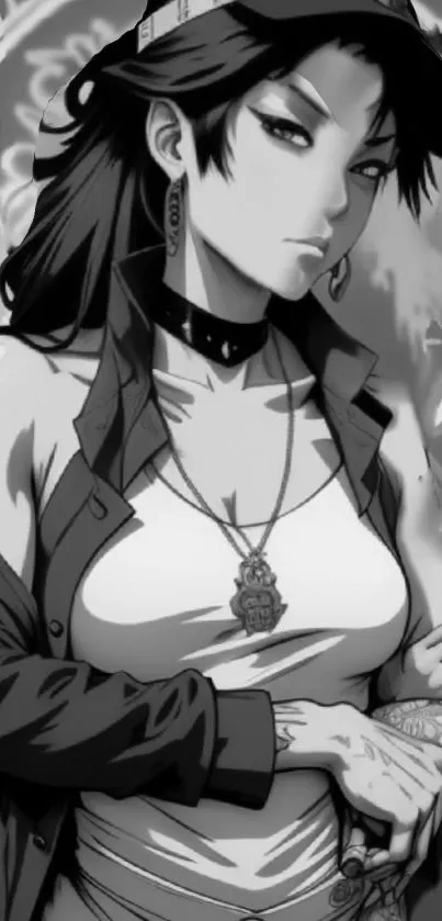 Edgy anime girl with graffiti background in monochrome tones.