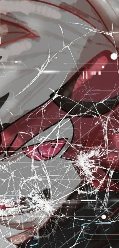 Anime character with cracked glass effect and intense crimson hues.