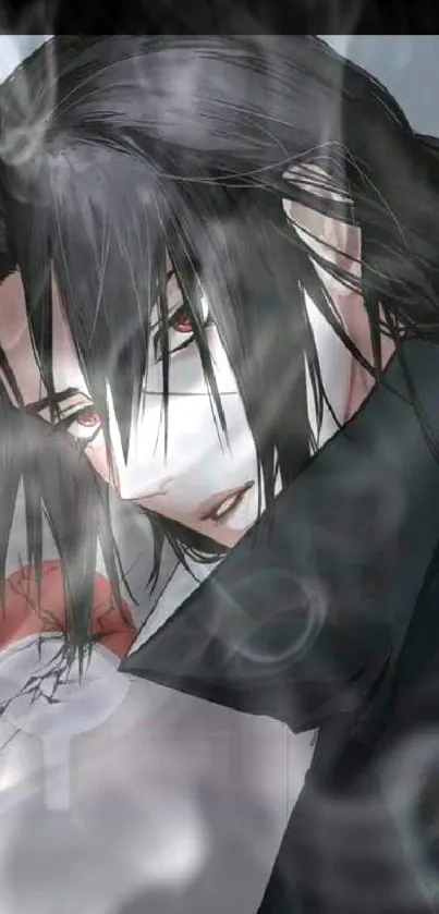 Anime character with dark hair and intense gaze in a dramatic scene.