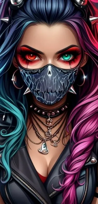 Anime girl with multicolored hair and mask in edgy style.