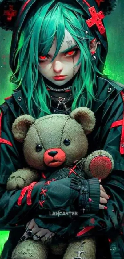 Anime girl with green hair holding a teddy bear in neon green background.