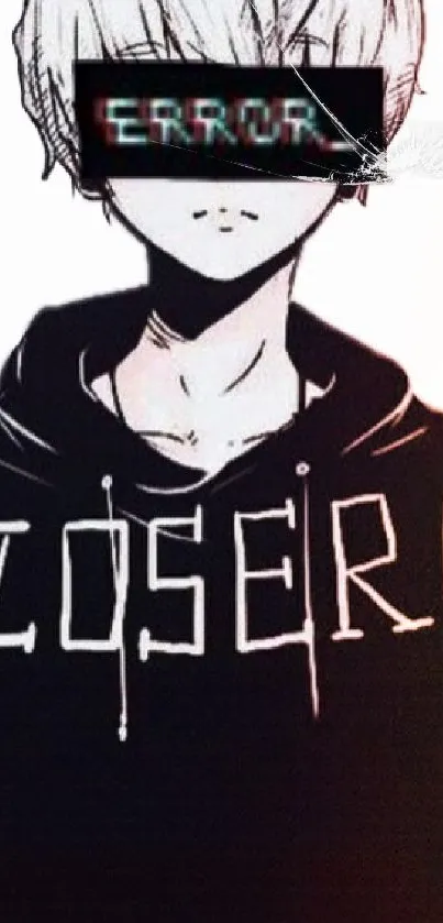 Edgy anime boy with glitch effect and bold lettering on hoodie.