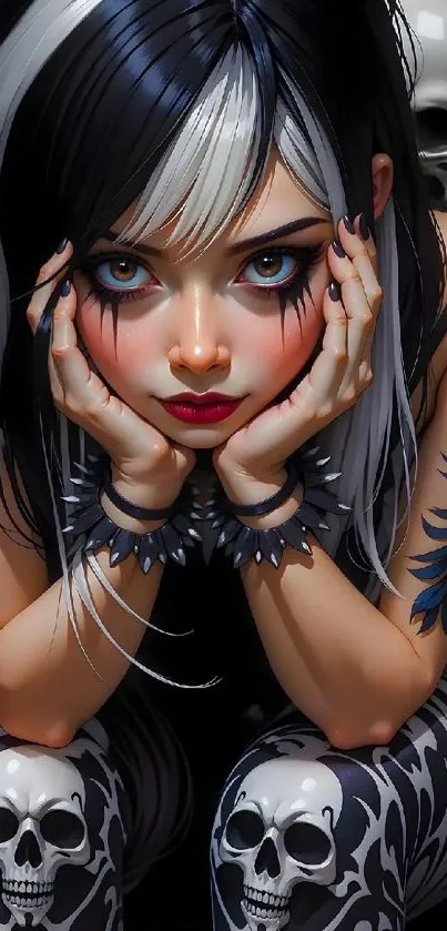 Edgy anime girl with gothic style and skull tattoos in a detailed illustration.