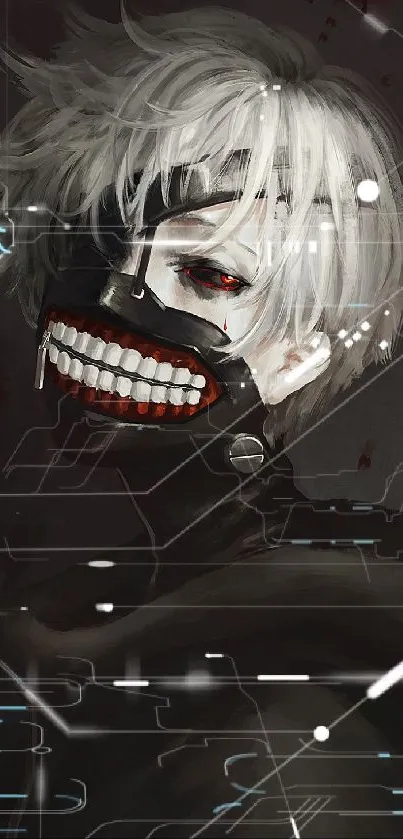 Anime character with white hair and mask, featuring red eyes on a dark background.