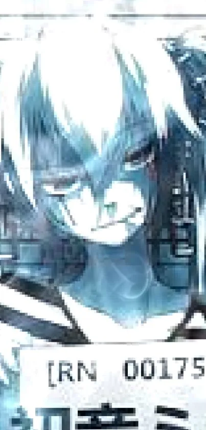 Anime character in edgy mugshot style with blue-gray tones.