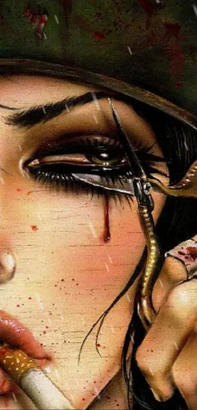 Edgy illustration of a woman with scissors cutting her own face, smoking a cigarette.