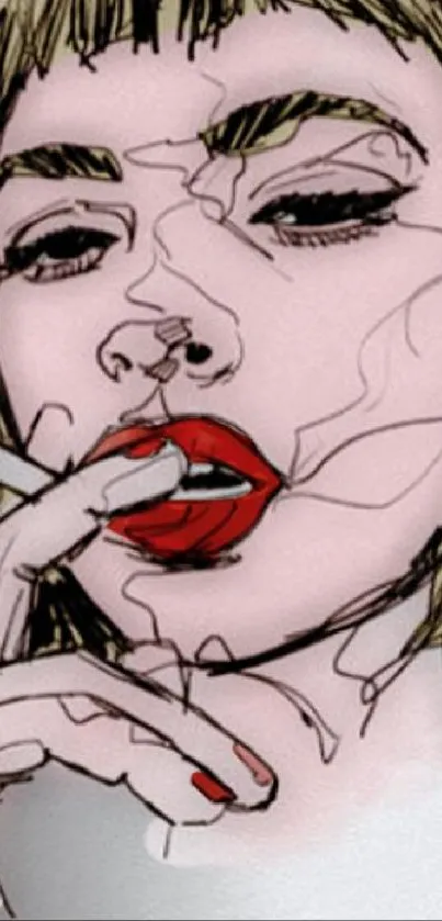 Artistic drawing of a person smoking with bold red lips.