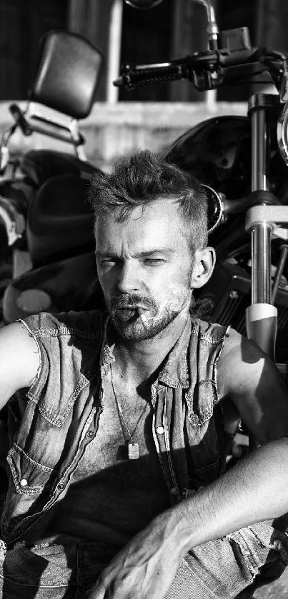 Black-and-white wallpaper of a rugged biker by a vintage motorcycle.