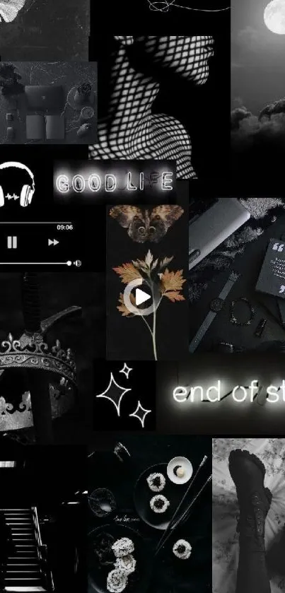 Edgy black aesthetic collage with moonlit sky, abstract elements, and headphones.