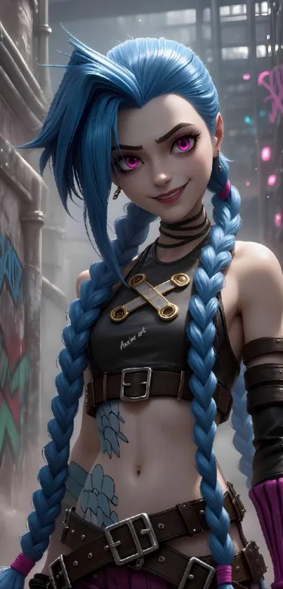 Anime-style character with blue hair in an urban setting.