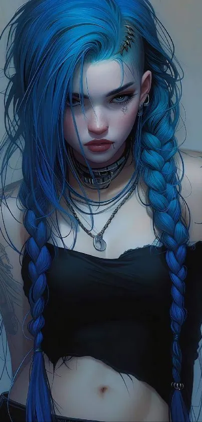 Blue-haired girl with braids and tattoos on mobile wallpaper.