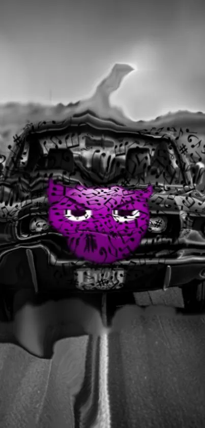 Distorted car art with purple mask on road.