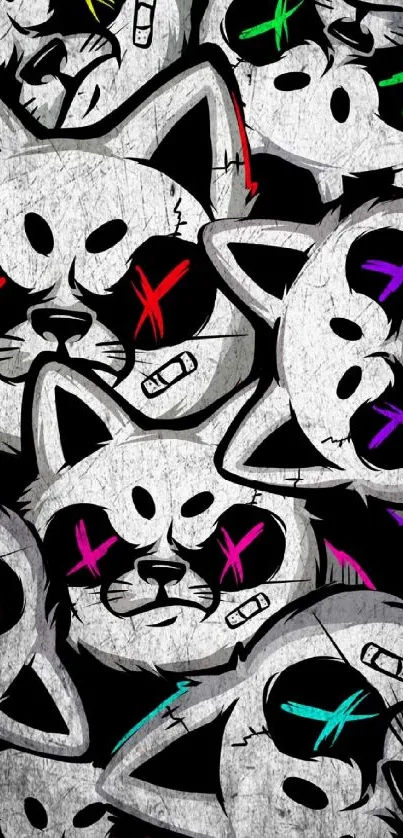 Edgy cartoon cat faces in colorful design