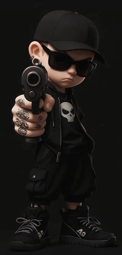 Edgy cartoon character in dark attire holding a prop.