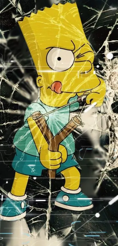 Cartoon character with slingshot against cracked glass.