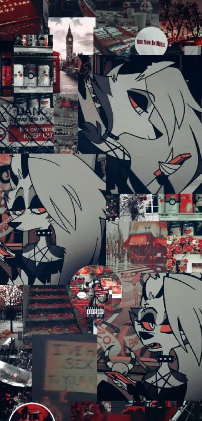 Edgy cartoon collage wallpaper with dark red tones.