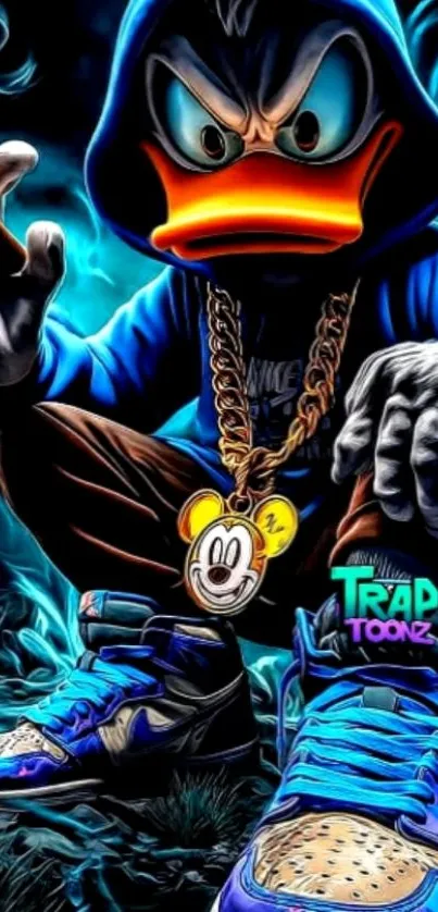 Cartoon duck with urban style design in vibrant colors.