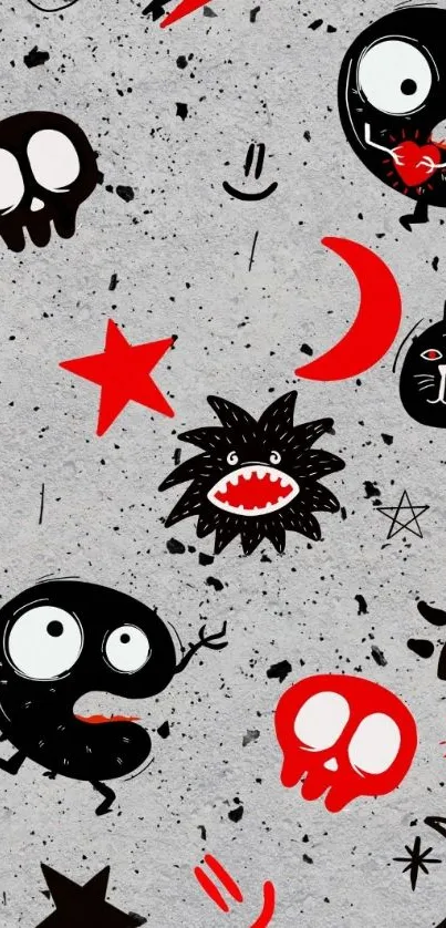 Gray edgy cartoon graffiti wallpaper with quirky skulls and stars.