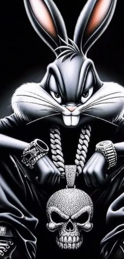 Cool cartoon rabbit with chains on a dark background.