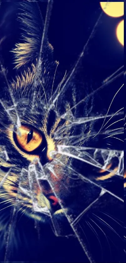 Edgy cat with intense eyes and broken glass effect.