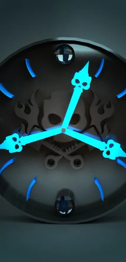 Clock with skull design and blue accents wallpaper.