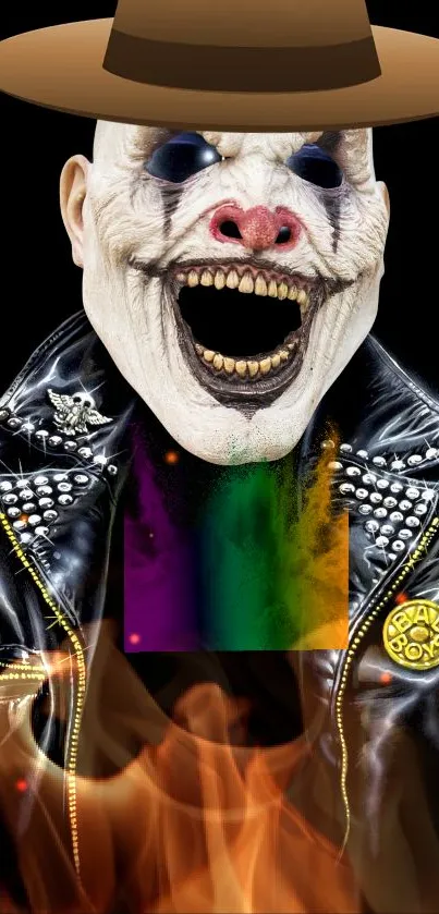 Edgy clown with a leather jacket and wide-brimmed hat on a dark background.