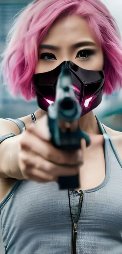 Masked woman with pink hair in cyberpunk style.