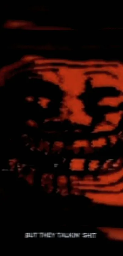 Creepy pixelated smiling face on a red background.